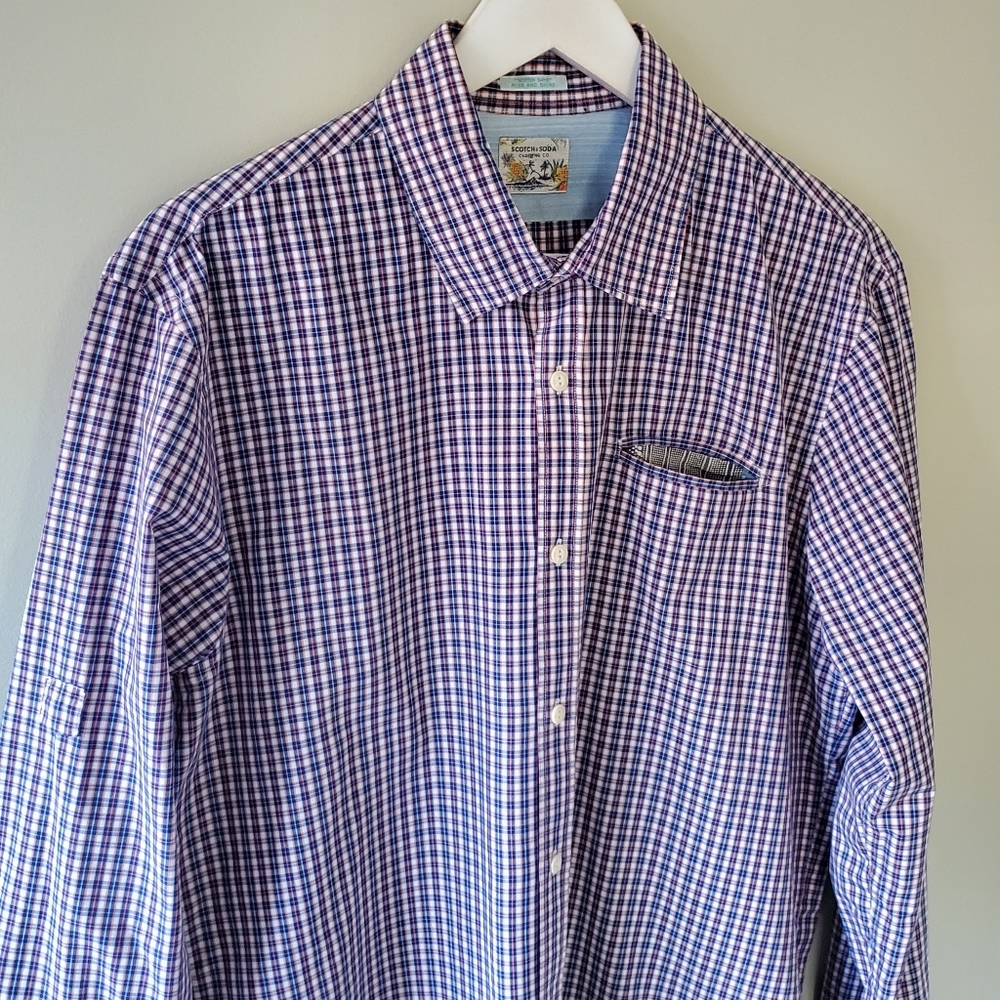 Scotch & Soda L Regular Fit Retro Preppy Office Gingham Button Down Dress Shirt